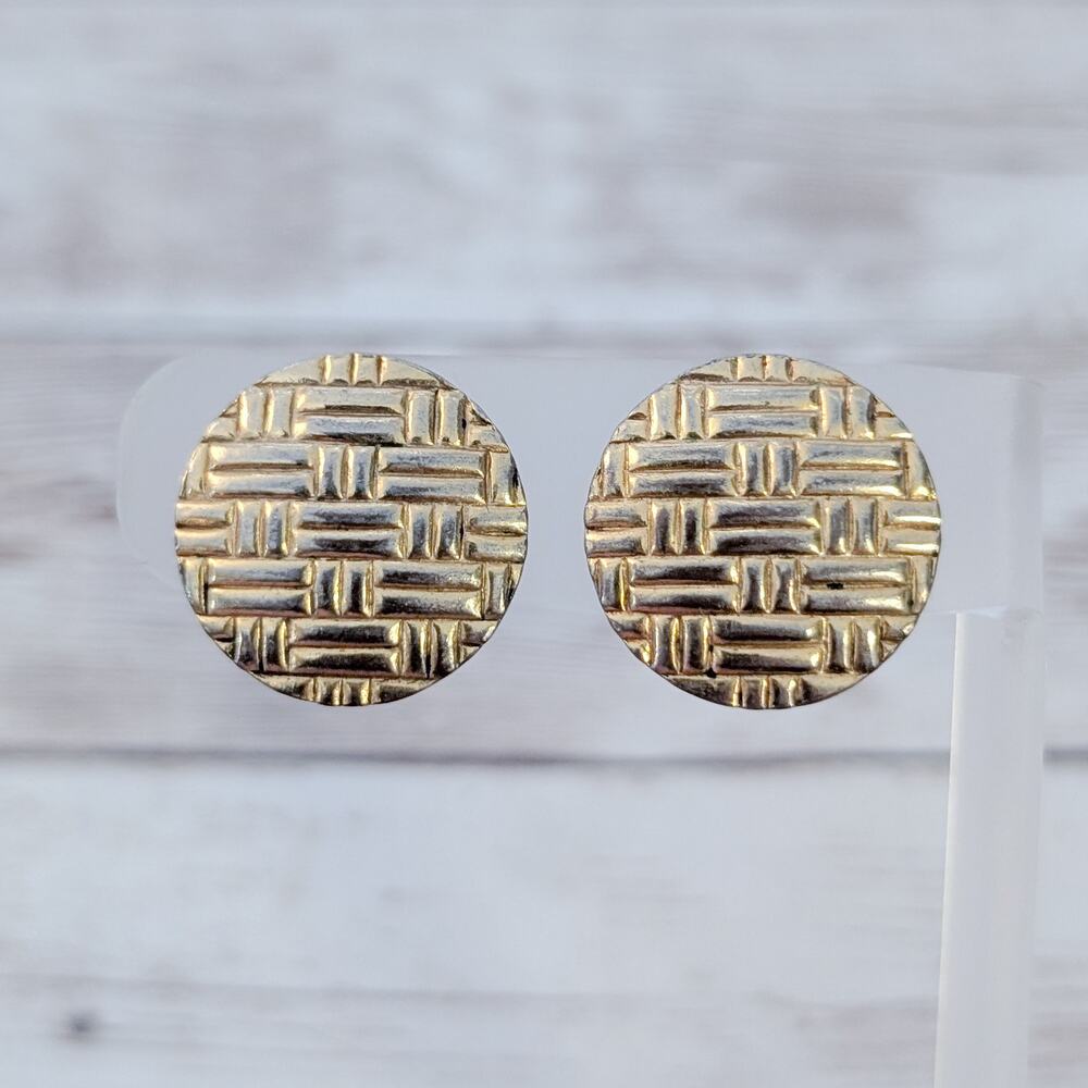 Vintage Clip On Earrings Circle with Design - Tarnished